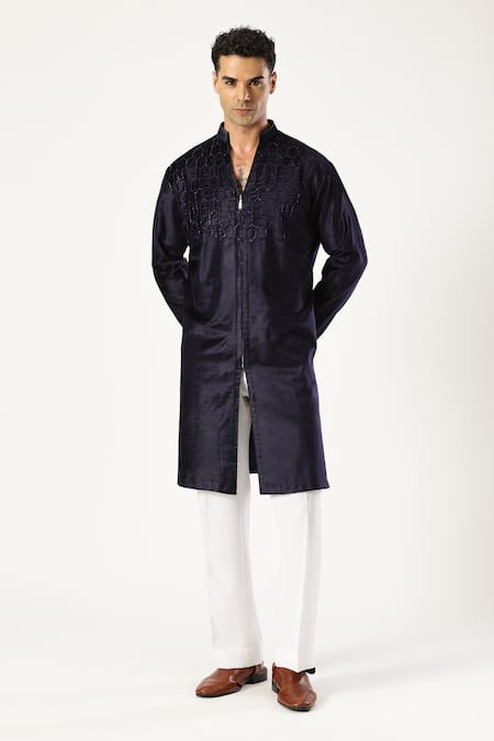 Paresh Lamba Signatures_Blue Bamboo, Velvet Embroidery Kurta_Online_at_Aza_Fashions