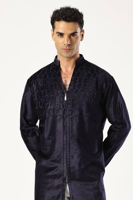 Buy_Paresh Lamba Signatures_Blue Bamboo, Velvet Embroidery Kurta_Online_at_Aza_Fashions