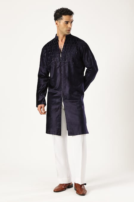 Shop_Paresh Lamba Signatures_Blue Bamboo, Velvet Embroidery Kurta_Online_at_Aza_Fashions