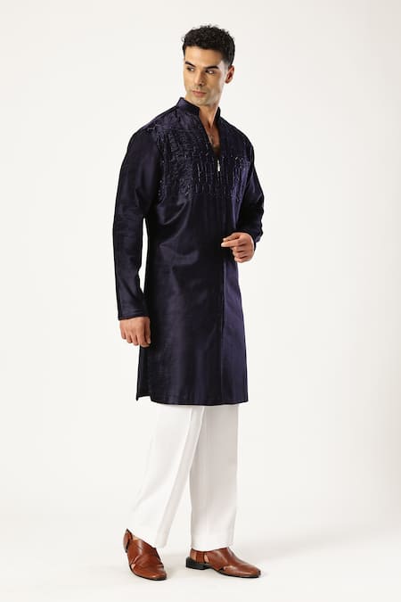 Paresh Lamba Signatures_Blue Bamboo, Velvet Embroidery Kurta_at_Aza_Fashions