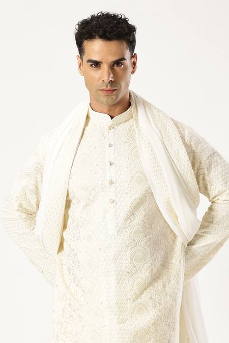Paresh Lamba Signatures_Off White Georgette Embroidered Sequin And Thread Kurta _at_Aza_Fashions