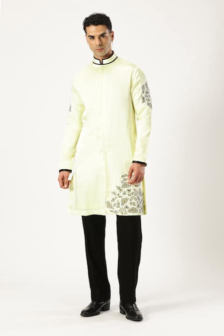 Buy_Paresh Lamba Signatures_Yellow Cotton Embroidered Bead Kurta _Online_at_Aza_Fashions