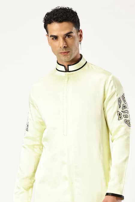 Shop_Paresh Lamba Signatures_Yellow Cotton Embroidered Bead Kurta _Online_at_Aza_Fashions