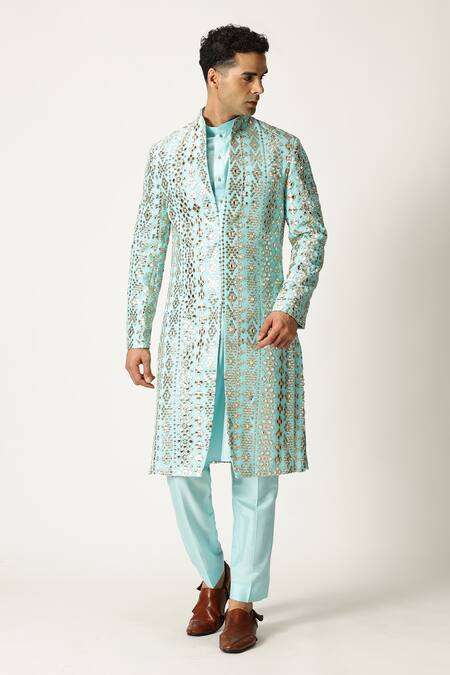 Buy_Paresh Lamba Signatures_Blue Georgette Mirrors Embroidered Sherwani Set_Online_at_Aza_Fashions