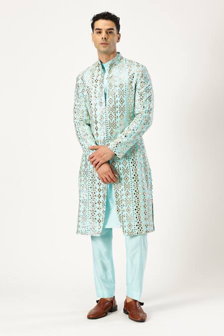 Shop_Paresh Lamba Signatures_Blue Georgette Mirrors Embroidered Sherwani Set_Online_at_Aza_Fashions