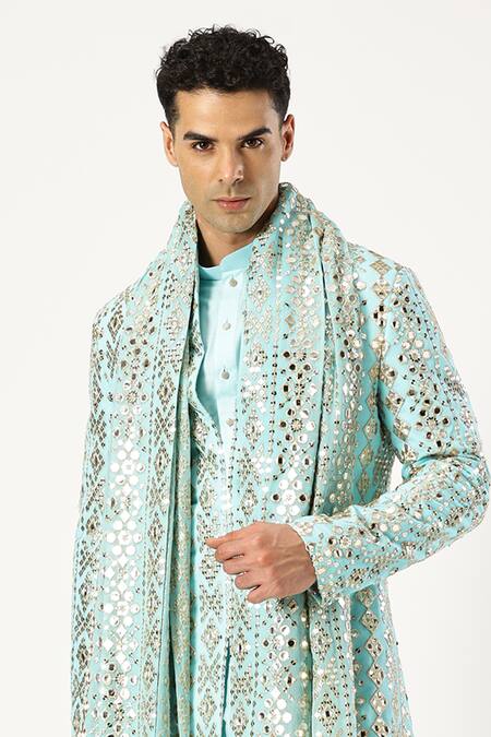 Paresh Lamba Signatures Blue Georgette Mirrors Embroidered Sherwani Set at Aza Fashions Paresh Lamba Signatures_Blue Georgette Mirrors Embroidered Sherwani Set_at_Aza_Fashions