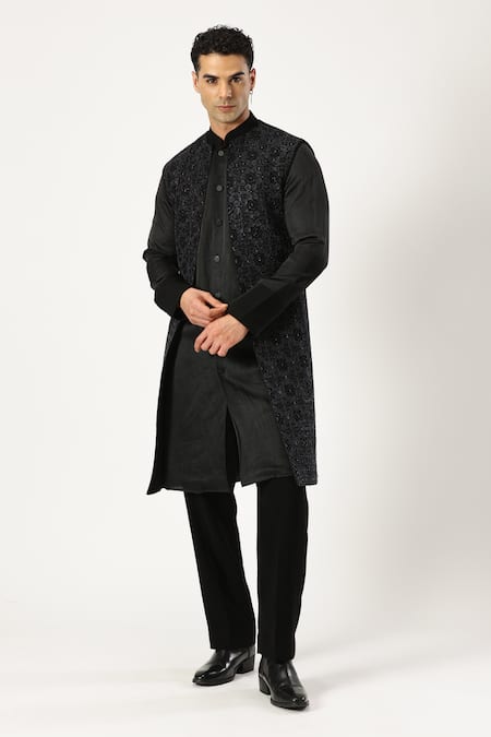 PARESH LAMBA SIGNATURES Black Japanese Cupro Embroidered Geometric Bundi Jacket 