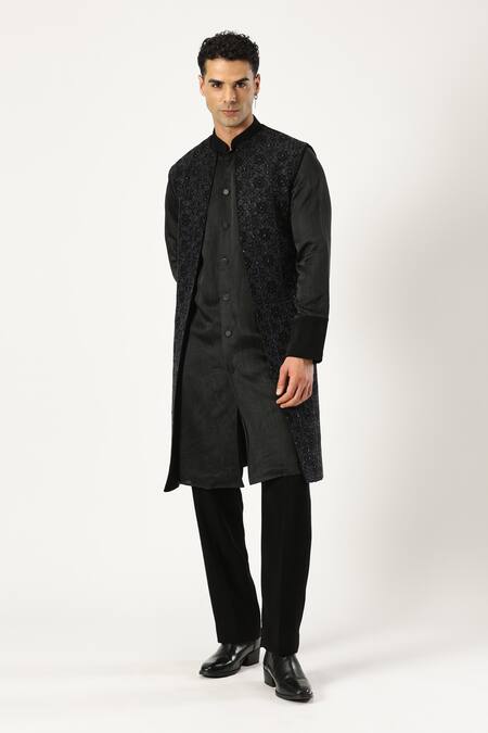 Paresh Lamba Signatures_Black Japanese Cupro Embroidered Geometric Bundi Jacket _Online_at_Aza_Fashions