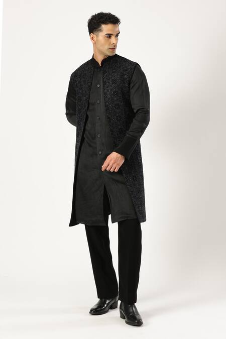 Buy_Paresh Lamba Signatures_Black Japanese Cupro Embroidered Geometric Bundi Jacket _Online_at_Aza_Fashions
