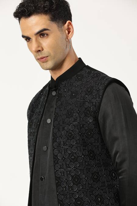 Paresh Lamba Signatures_Black Japanese Cupro Embroidered Geometric Bundi Jacket _at_Aza_Fashions
