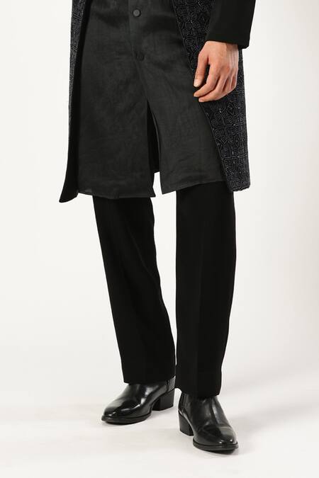 Buy_Paresh Lamba Signatures_Black Linen, Silk Embroidery Plain Kurta And Trouser Set _Online_at_Aza_Fashions