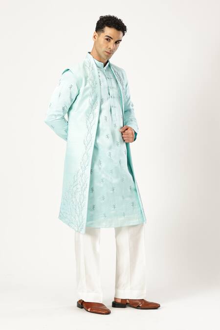 Shop_Paresh Lamba Signatures_Blue Raw Silk Embroidered Motif Sky Bundi Set _Online_at_Aza_Fashions