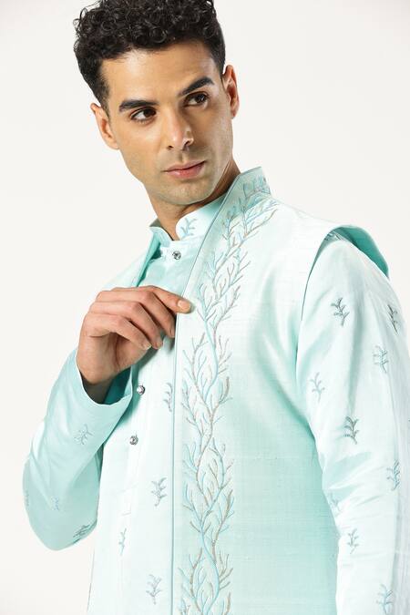 Paresh Lamba Signatures_Blue Raw Silk Embroidered Motif Sky Bundi Set _at_Aza_Fashions