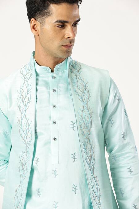 Buy_Paresh Lamba Signatures_Blue Raw Silk Embroidered Motif Sky Bundi Set 