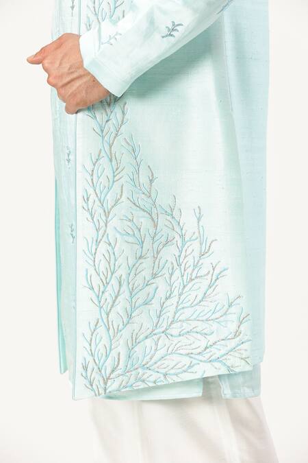 Shop_Paresh Lamba Signatures_Blue Raw Silk Embroidered Motif Sky Bundi Set 