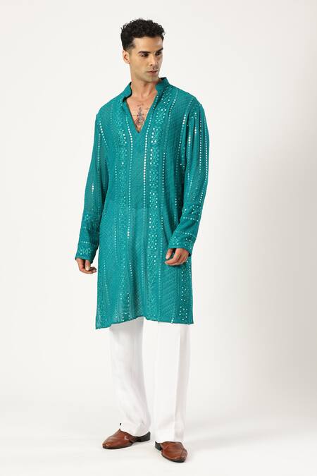 Paresh Lamba Signatures_Green Georgette Mirrors Embroidered Kurta And Pyjama Set_Online_at_Aza_Fashions