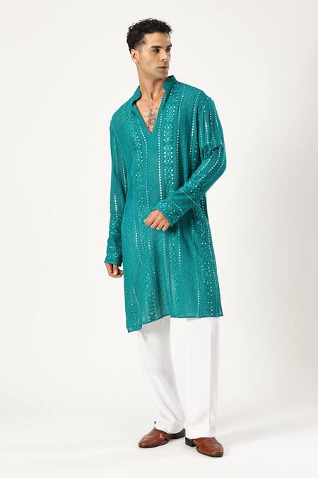 Shop_Paresh Lamba Signatures_Green Georgette Mirrors Embroidered Kurta And Pyjama Set_Online_at_Aza_Fashions