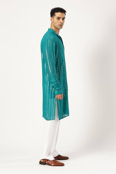 Paresh Lamba Signatures_Green Georgette Mirrors Embroidered Kurta And Pyjama Set_at_Aza_Fashions