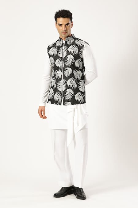 PARESH LAMBA SIGNATURES Black Denim Printed Leaf Bundi 