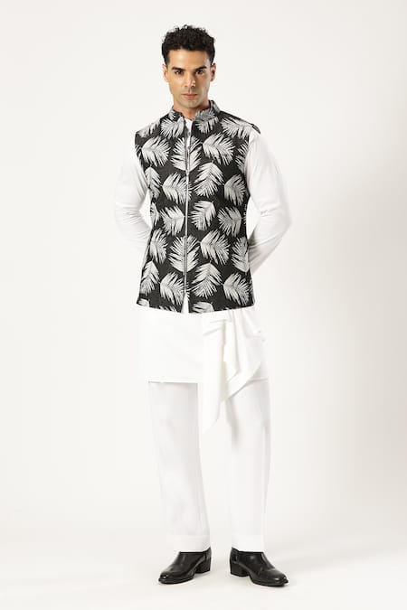 Paresh Lamba Signatures_Black Denim Printed Leaf Bundi _Online_at_Aza_Fashions