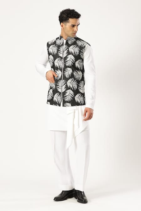 Buy_Paresh Lamba Signatures_Black Denim Printed Leaf Bundi _Online_at_Aza_Fashions