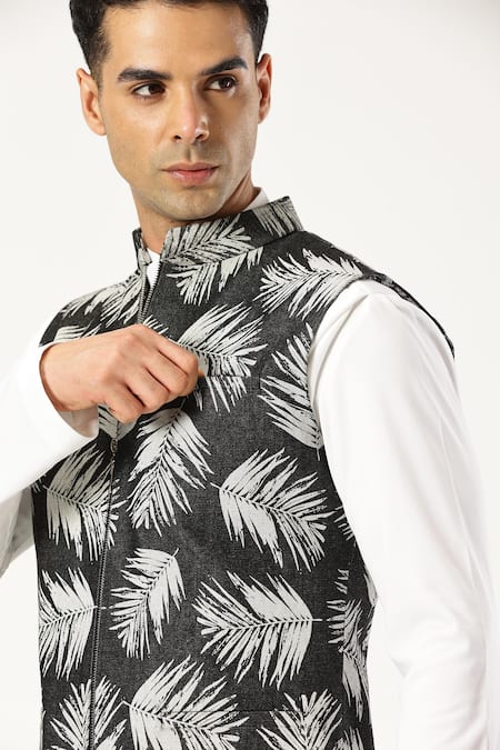 Shop_Paresh Lamba Signatures_Black Denim Printed Leaf Bundi _Online_at_Aza_Fashions