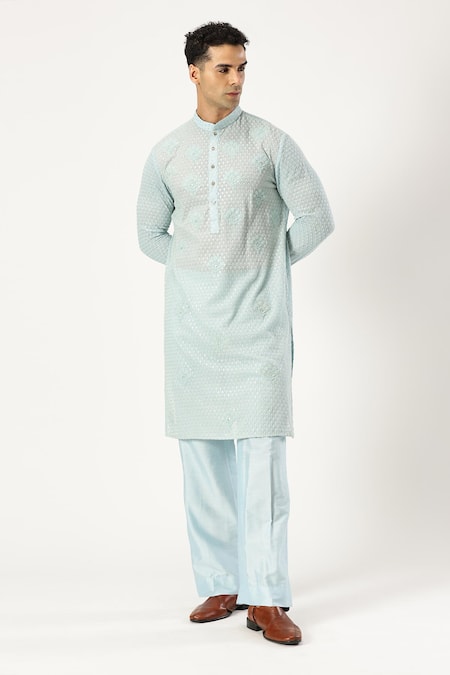 Buy_Paresh Lamba Signatures_Blue Georgette Embroidery Floral Applique Kurta And Pyjama Set _Online_at_Aza_Fashions