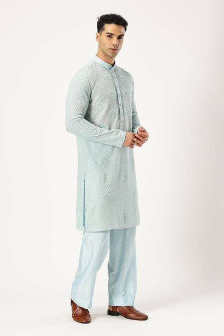 Paresh Lamba Signatures_Blue Georgette Embroidery Floral Applique Kurta And Pyjama Set _at_Aza_Fashions