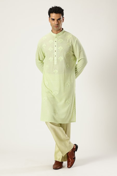 Paresh Lamba Signatures_Green Georgette Embroidery Floral Kurta And Pyjama Set _Online_at_Aza_Fashions