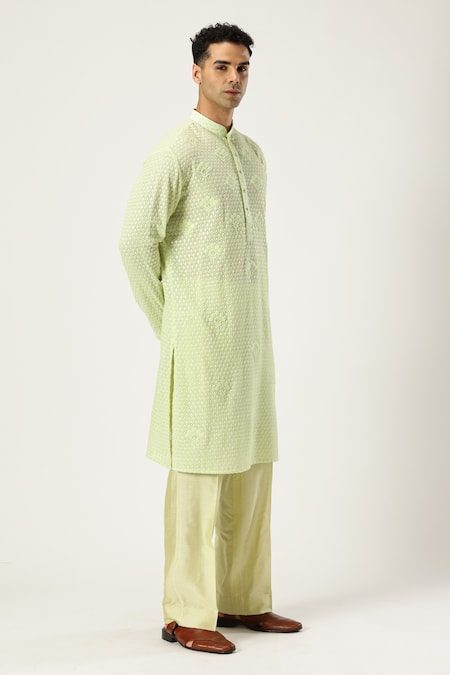Shop_Paresh Lamba Signatures_Green Georgette Embroidery Floral Kurta And Pyjama Set _Online_at_Aza_Fashions