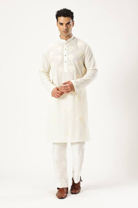 Buy_Paresh Lamba Signatures_Off White Georgette Embroidery Floral Applique Kurta And Pyjama Set _Online_at_Aza_Fashions