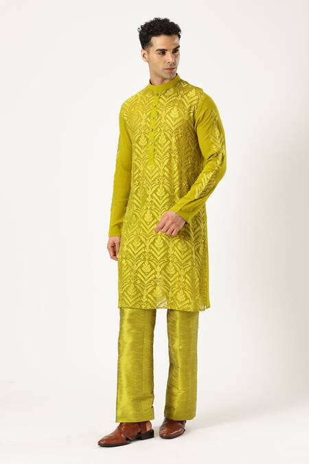 Paresh Lamba Signatures_Green Linen Embroidery Applique Work Kurta And Pyjama Set_Online_at_Aza_Fashions