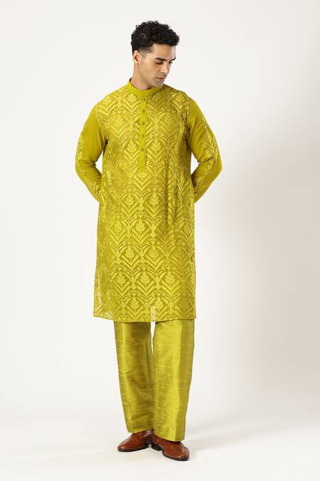 Buy_Paresh Lamba Signatures_Green Linen Embroidery Applique Work Kurta And Pyjama Set_Online_at_Aza_Fashions