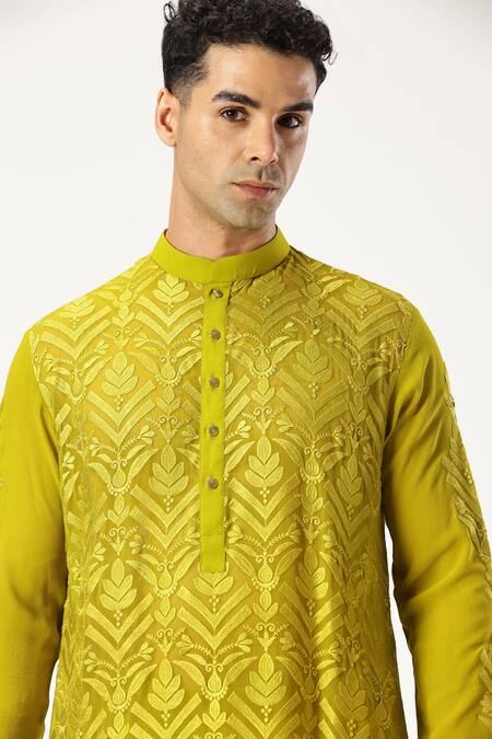 Buy_Paresh Lamba Signatures_Green Linen Embroidery Applique Work Kurta And Pyjama Set