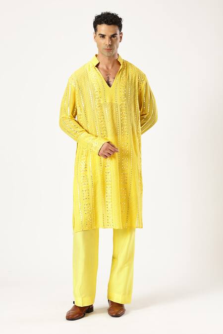 Paresh Lamba Signatures_Yellow Georgette Mirrors, Embroidery Mirrorwork Embellished Kurta With Pyjama_Online_at_Aza_Fashions