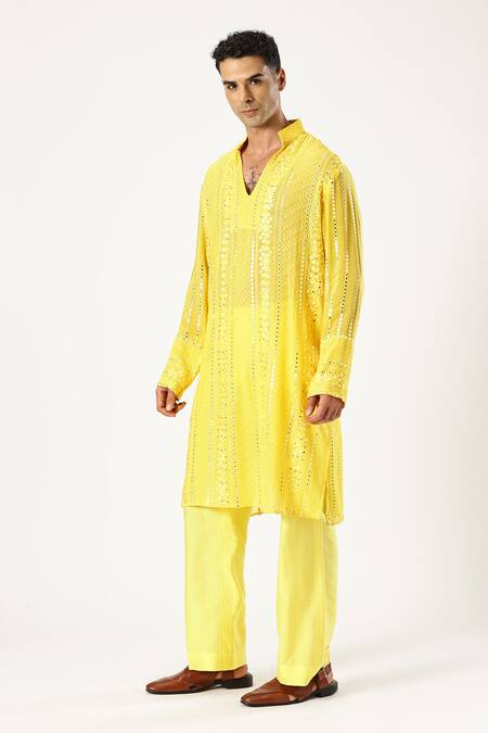 Shop_Paresh Lamba Signatures_Yellow Georgette Mirrors, Embroidery Mirrorwork Embellished Kurta With Pyjama_Online_at_Aza_Fashions