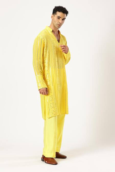 Paresh Lamba Signatures_Yellow Georgette Mirrors, Embroidery Mirrorwork Embellished Kurta With Pyjama_at_Aza_Fashions