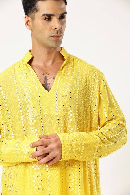 Buy_Paresh Lamba Signatures_Yellow Georgette Mirrors, Embroidery Mirrorwork Embellished Kurta With Pyjama