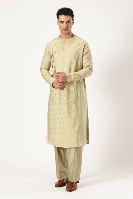 Buy_Paresh Lamba Signatures_Gold Cotton, Silk Sequins Embellished Angrakha Kurta With Pyjama_Online_at_Aza_Fashions