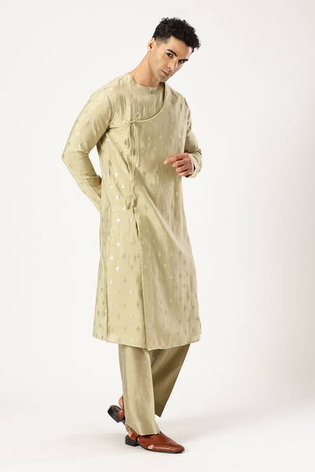 Paresh Lamba Signatures_Gold Cotton, Silk Sequins Embellished Angrakha Kurta With Pyjama_at_Aza_Fashions