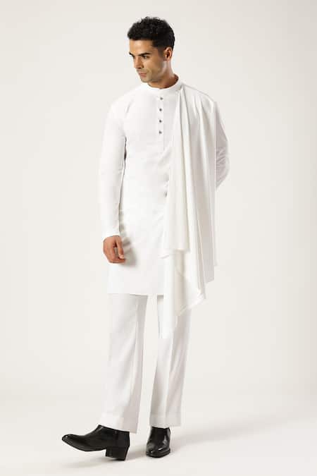 Buy_Paresh Lamba Signatures_White Lycra Plain Asymmetric Side Drape Kurta _Online_at_Aza_Fashions