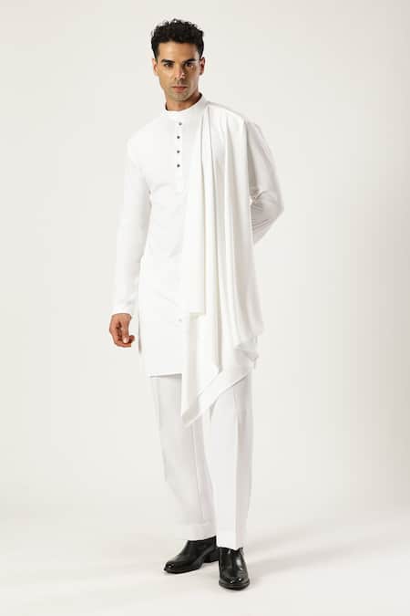 Shop_Paresh Lamba Signatures_White Lycra Plain Asymmetric Side Drape Kurta _Online_at_Aza_Fashions