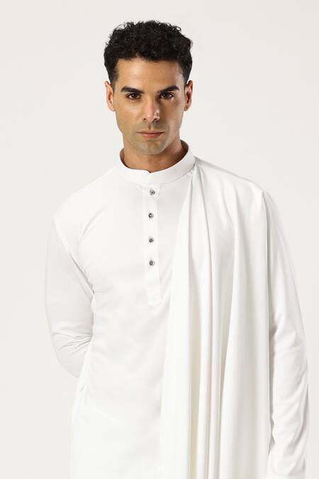 Paresh Lamba Signatures_White Lycra Plain Asymmetric Side Drape Kurta _at_Aza_Fashions