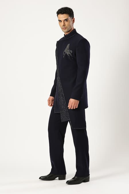 Paresh Lamba Signatures_Black Japanese Cupro Embellished Bead Asymmetric Bandhgala With Pant _Online_at_Aza_Fashions