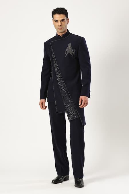 Buy_Paresh Lamba Signatures_Black Japanese Cupro Embellished Bead Asymmetric Bandhgala With Pant _Online_at_Aza_Fashions