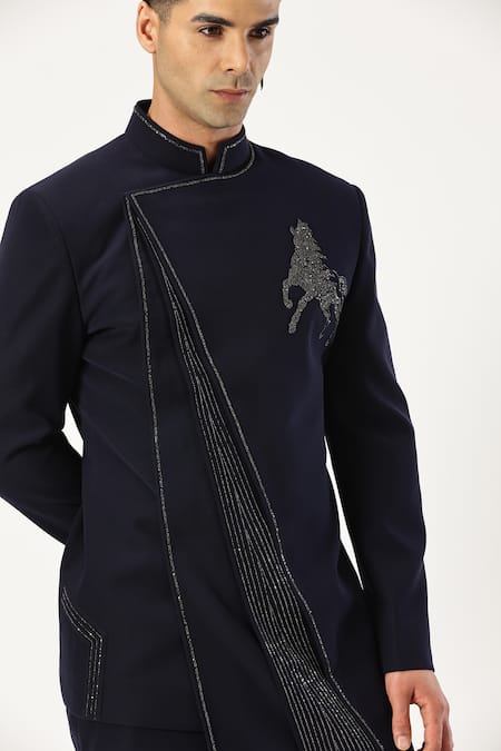 Paresh Lamba Signatures_Black Japanese Cupro Embellished Bead Asymmetric Bandhgala With Pant _at_Aza_Fashions