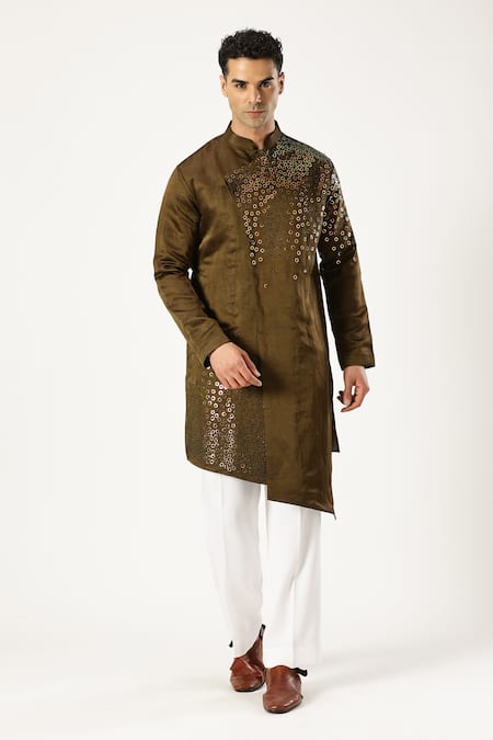 PARESH LAMBA SIGNATURES Green Linen Silk Embellished Sequin Asymmetric Kurta 