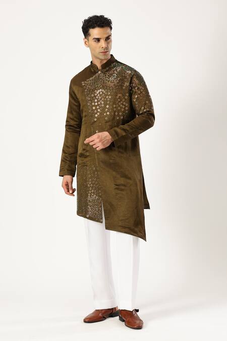 Paresh Lamba Signatures_Green Linen Silk Embellished Sequin Asymmetric Kurta _Online_at_Aza_Fashions