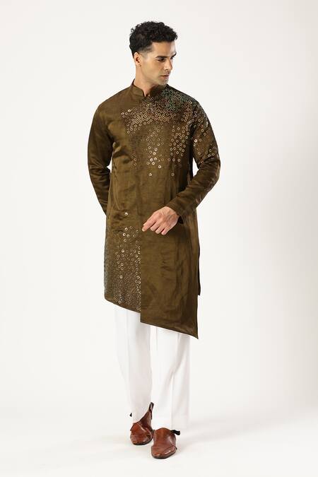 Buy_Paresh Lamba Signatures_Green Linen Silk Embellished Sequin Asymmetric Kurta _Online_at_Aza_Fashions