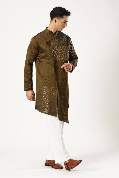 Shop_Paresh Lamba Signatures_Green Linen Silk Embellished Sequin Asymmetric Kurta _Online_at_Aza_Fashions